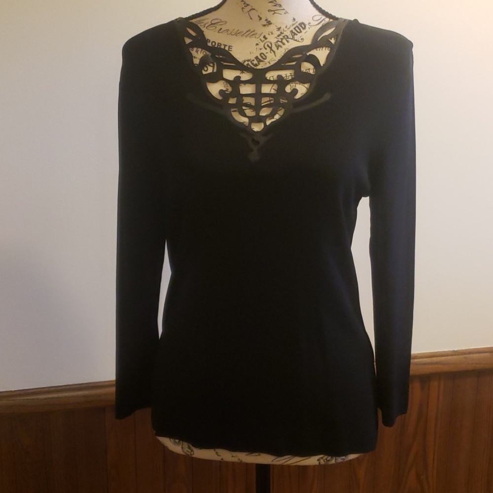 Real leather trim ribbed knit sweater